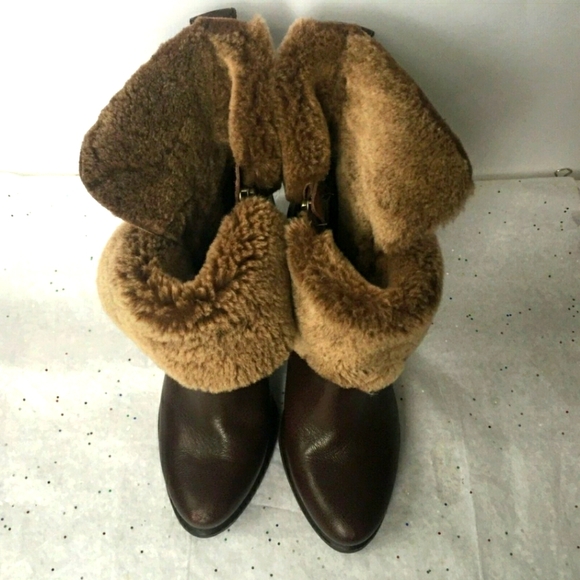 UGG Jayne Stout Brown Leather Fleece Fur Foldover Boots Sz 9.5 - Picture 6 of 7